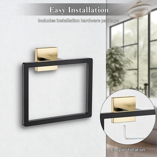 Black and Gold Towel Ring Square Hand Towel Holder Towel Hanger Bathroom Hardware Accessories Stainless Steel Wall-Mounted Towel Rack