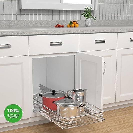 Pull Out Cabinet Organizer (16.4" W x 21" D), Put Out Shelves for Kitchen Cabinets, Roll Out Drawers Heavy-Duty Metal Sliding Shelf, Bottom Mount - ModernBath