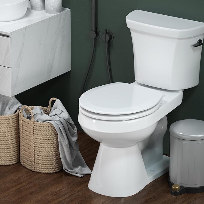 Round Toilet Seat Angol Shiold Quiet-Close Molded Wood Toilet Seat with Non-Slip Adjustable Hinges, Anti-Pinch Bumpers, Easy Install & Clean(White, Round 16.5'')