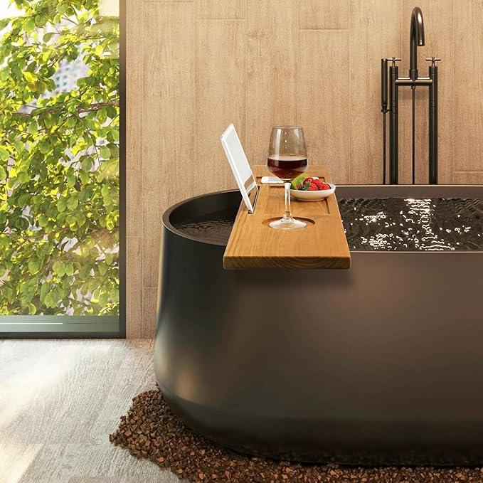 VaeFae Teak Bathtub Tray Table, Wooden Bath Board for Tub with Wine and iPad Holder - ModernBath
