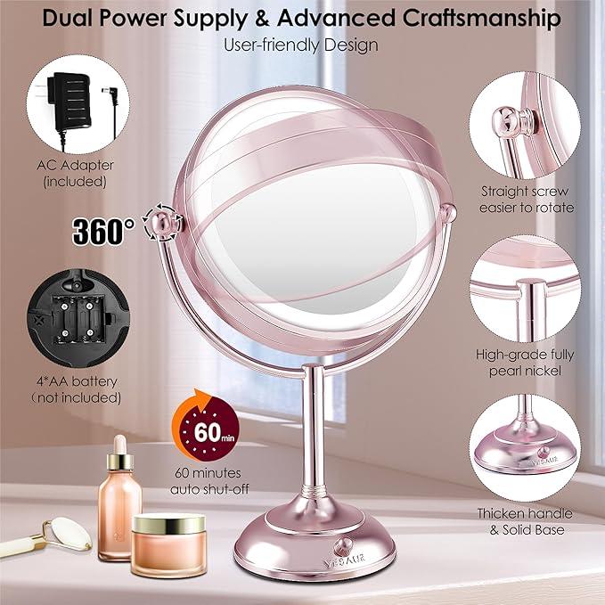 VESAUR Lighted Makeup Mirror Rose Gold Nickel, Double Sided 1X/10X HD Undistorted Magnifying Mirror, 8.5" Vanity Mirror with 3 Colors Dimmable 90 Bright LEDs, 360°Swivel Two Power Supply, Luxury Gifts - ModernBath
