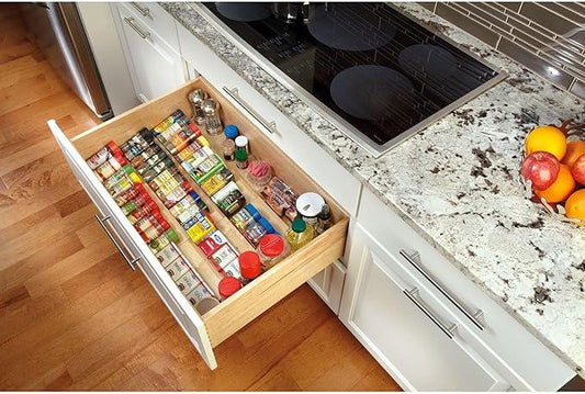 Rev-A-Shelf 22" 3 Tiered Seasoning Organizer, Trim-to-Fit Wooden Kitchen Draw and Cabinet Home Storage Insert, Pull Out Spice Rack, Maple, 4SDI-24 - ModernBath
