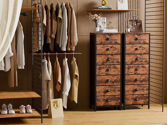 Furnulem Bedroom Dresser with 7 Drawers,Tall Industrial Fabric Chest of Drawers, Vertical Storage Tower Bedside Furniture in Living Room,Closet,Entryway-Sturdy Steel Frame(Rustic Brown)