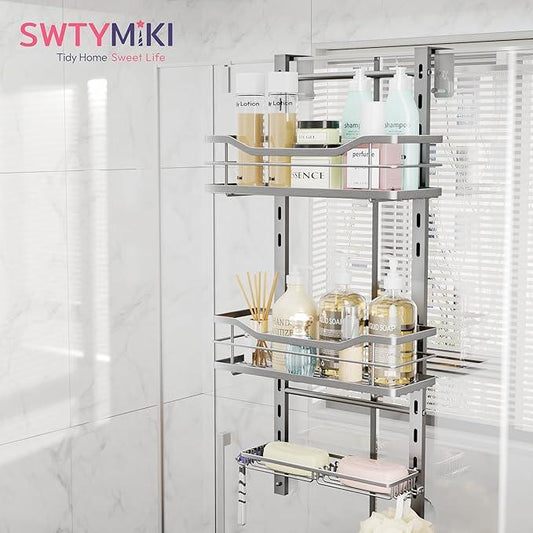 SWTYMIKI Over the Door Shower Caddy - 3 Tier Adjustable Shower Organizer Hanging with Soap Holder, No Drilling Stainless Steel Bathroom Rack Hanging for Body Wash, Shampoo, Soap, Razor, Silver - ModernBath