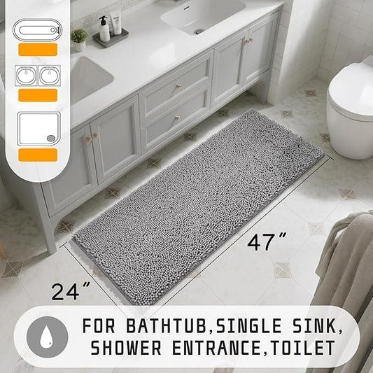 Yimobra Long Bathroom Rugs 47"x24", Extra Soft Non Slip Bath Mat for Tub, Super Absorbent Quick Dry Shaggy Rug Floor Carpet, Machine Washable,Gray - ModernBath