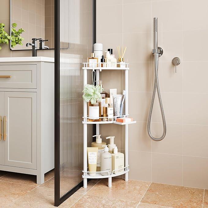 ELYKEN Corner Shower Caddy Standing, 3 Tier Rustproof Metal Shower Organizer with Soap Holder, Floor Shower Corner Shelf Rack Storage Stands with Adjustable Feet & 2 Hooks for Bathroom, White - ModernBath