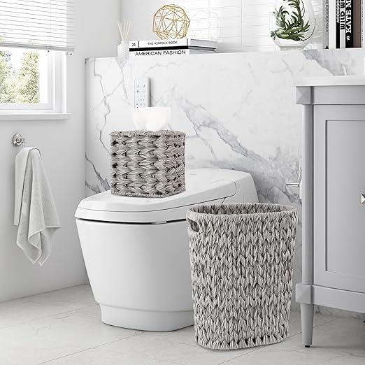 BSSN Wicker Trash Can & Square Tissue Box, Handwoven Waterproof Waste Basket with Handles, Wicker Home Set for Bedroom, Bathroom, Kitchen, Office, Balcony, Grey - ModernBath