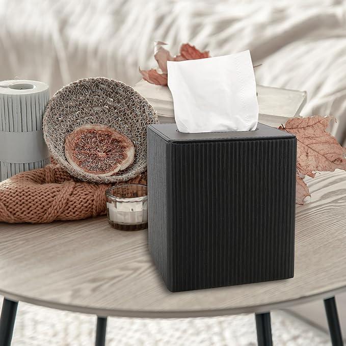 DODAMOUR Vertical Stripe Tissue Box Cover Cube – Ribbed PU Leather Square Holder, Magnetic Bottom Napkin Dispenser for Modern Office, Car, Desk (Black) - ModernBath