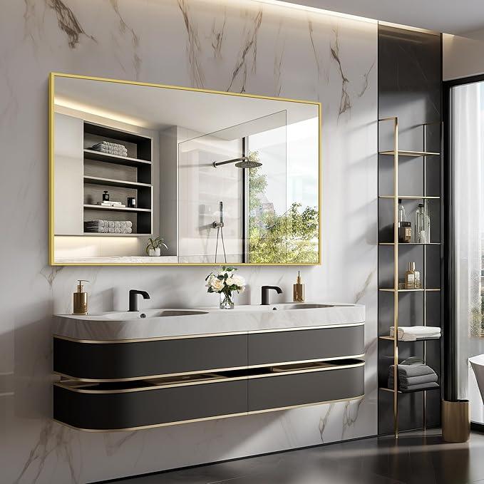 COFENY Gold Bathroom Mirror for Wall, 60x36 Inch Rectangle Mirrors with Metal Frame, Modern Vanity Wall Mirror Decor for Bathroom Living Room, Entryway Hangs Horizontal or Vertical - ModernBath