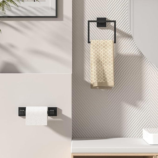 FORIOUS Toilet Paper Holder Set Wall Mount, SUS 304 Stainless Steel Pivoting Toilet Paper Holder and Towel Ring, Hand Towel Holder Set for Bathroom, Square Bathroom Hardware Set, Matte Black - ModernBath