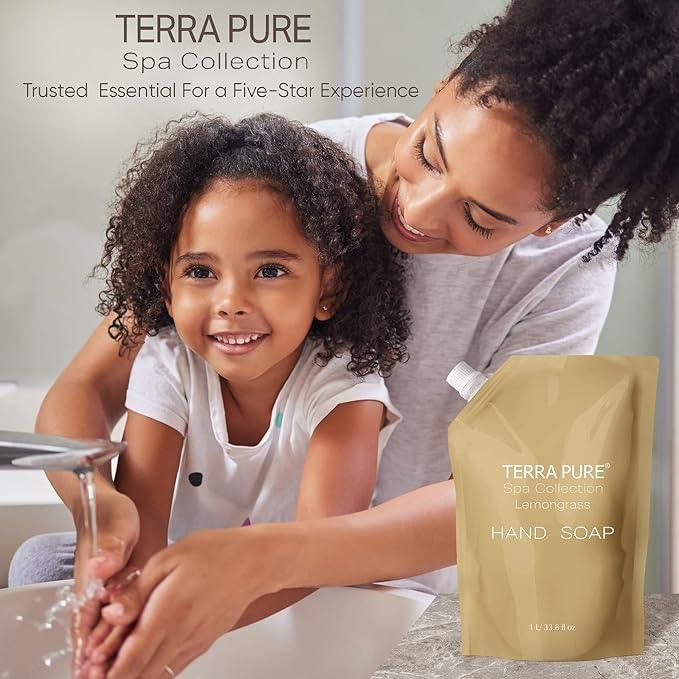 Terra Pure Spa Collection 1 Liter Hand Wash Refill Bag For Soap Dispensers | Bulk Toiletries for Vacation Rentals, and Home Bathroom Showers | Green Tea Lemongrass | Single - ModernBath