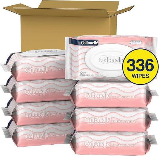 Cottonelle Fragrance Free Flushable Wet Wipes, Adult Wet Wipes, 8 Flip-Top Packs, 42 Wipes Per Pack - ModernBath
