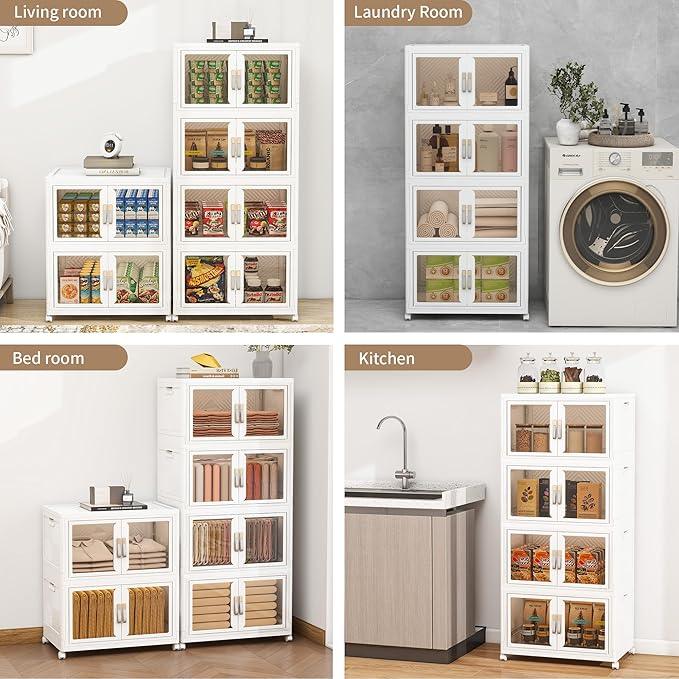 Large Clear Stackable Storage Bins with Lids, 180QT-45QT*4Tier Foldable Cabinet for Closet Organizers, Plastic Storage Box with Wheels White - ModernBath