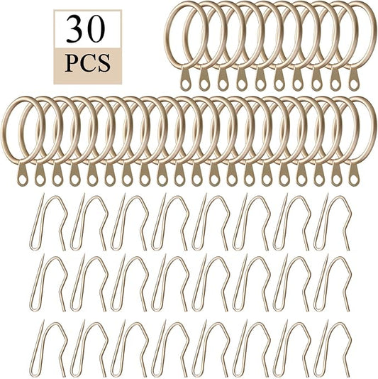 Hotop 30 Pcs Metal Drapery Curtain Rings 0.98/1.26/1.65 inch Interior Diameter and 30 Pcs Hanging Curtain Drapery Pin Hooks for Window Door Shower(Champagne Gold,42mm)