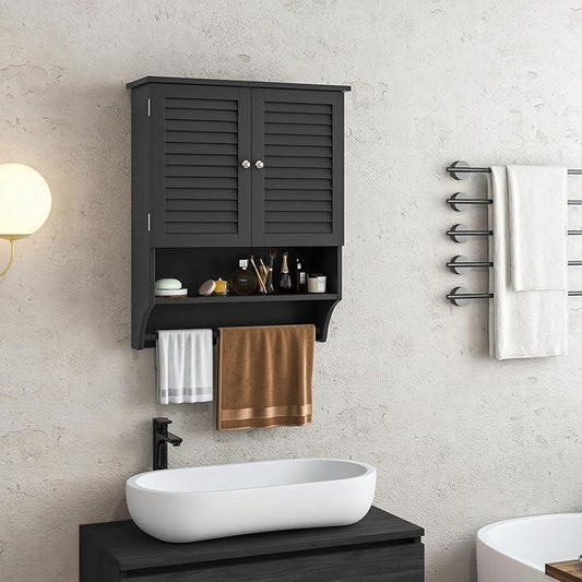 Tangkula Wall Mounted Bathroom Cabinet with Open Shelf & Bar, Medicine Cabinet with Double Louvered Doors, Wall Storage Cabinet with Adjustable Shelf, for Bathroom Living Room Kitchen (Black) - ModernBath