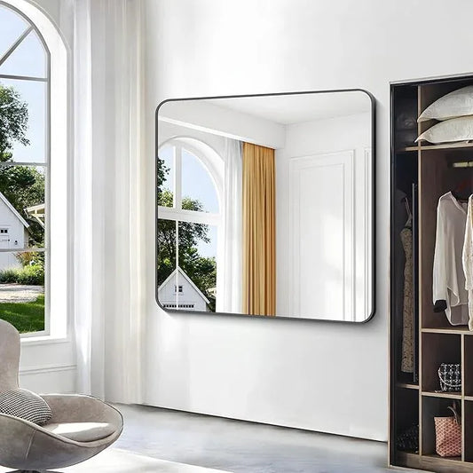 BONEWEI 48x48 inch Bathroom Mirror,Black Rectangle Mirror,Wall Mounted Bathroom Frame Vanity Mirror with Round Corner for Bedroom Living Room,Entryway Hangs Horizontal or Vertical - ModernBath
