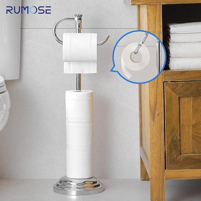 RUMOSE Toilet Paper Holder Stand for Floor, Polished Chrome Adjustable (12.4" to 22.8") Bathroom Toilet Tissue Holder, Free Standing Toilet Paper Roll Holder with Storage, Stainless Steel - ModernBath