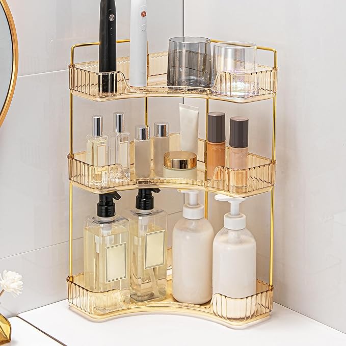Weidace Corner Bathroom Counter Organizer Bathroom Countertop Shelf Makeup Organizer for Vanity Perfume Tray for Corner Storage (3 Tiers, Gold)
