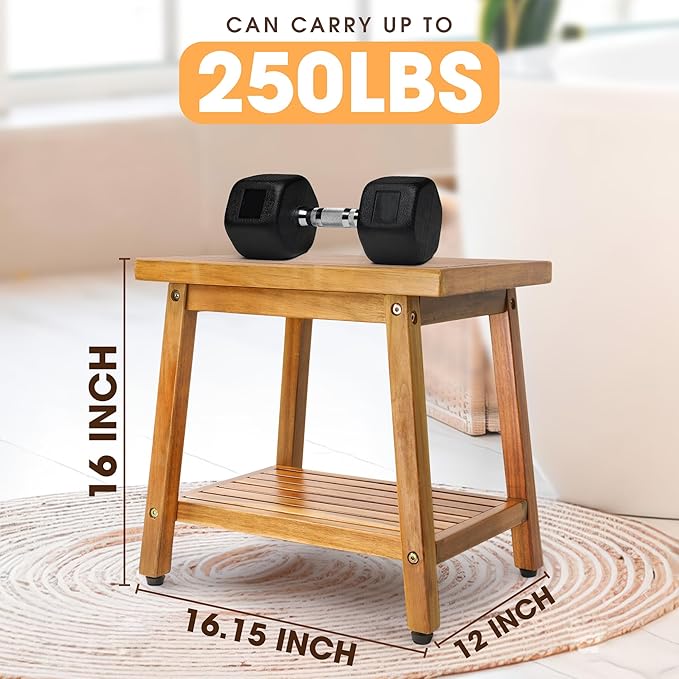 Shower Stool Bench Chair Waterproof with Storage Shelf for Shaving Legs, Spa, Bath Seat, Inside Shower Bench for Adults Seniors Elderly, Outdoor Side Table, Patio, Pool, End Table (16 Inches)