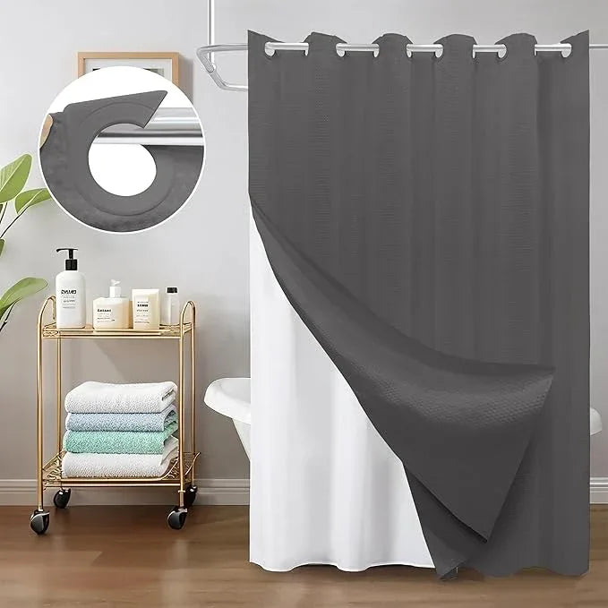 Inhousolu No Hook Waffle Weave Shower Curtain with Removable Snap in Fabric Liner Set for Bathroom, 230 GSM Heavy Duty Weighted Hem, Water Repellent Washable Bath Curtains, 72 x 78 Inch, Graphite Grey - ModernBath