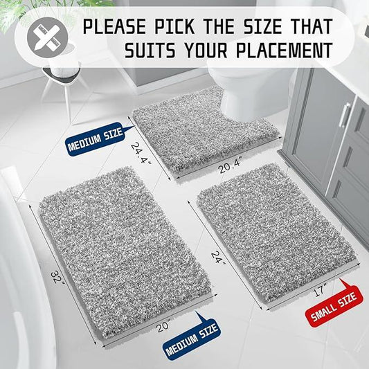 Yimobra Bathroom Rugs Sets 2 Piece, Soft Absorbent Bath Mat and U-Shaped Toilet Rug with Non Slip Backing, Machine Washable, Plush Shaggy Bath Mats for Bathroom, 24"x17"+24"x20", Light Gray and White - ModernBath