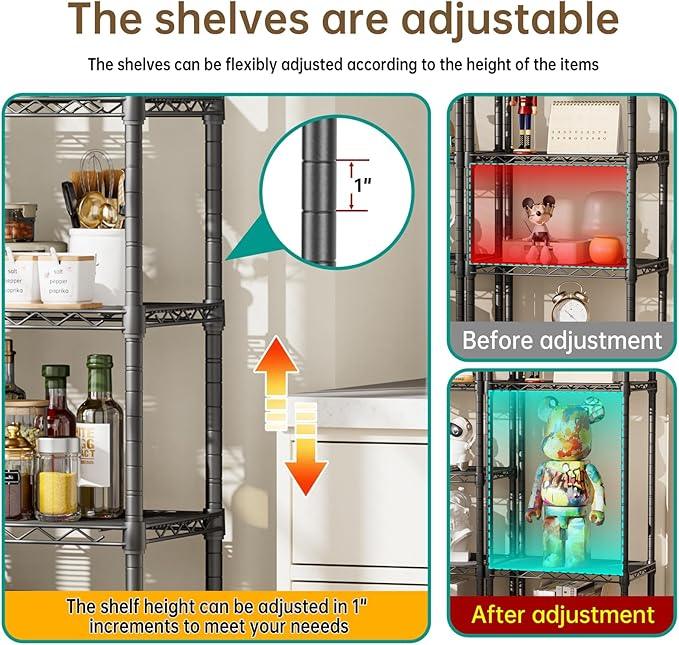 6 Tier Shelf Adjustable Storage Mesh Gaps Metal Utility Shelves Wire Shelving Unit Organizer Rack for Home Kitchen Office Bathroom Pantry Room10 D x 16" W x 60" H Black - ModernBath