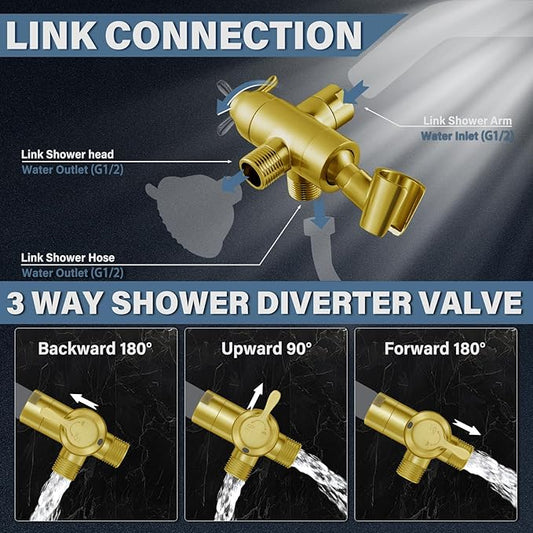 Metal Shower Arm Diverter with Handheld Mount, G1/2" 3-Way Shower Diverter Valve Bathroom Universal Showering System Replacement for Handheld Wand and Fixed Sprayer, Brushed Gold