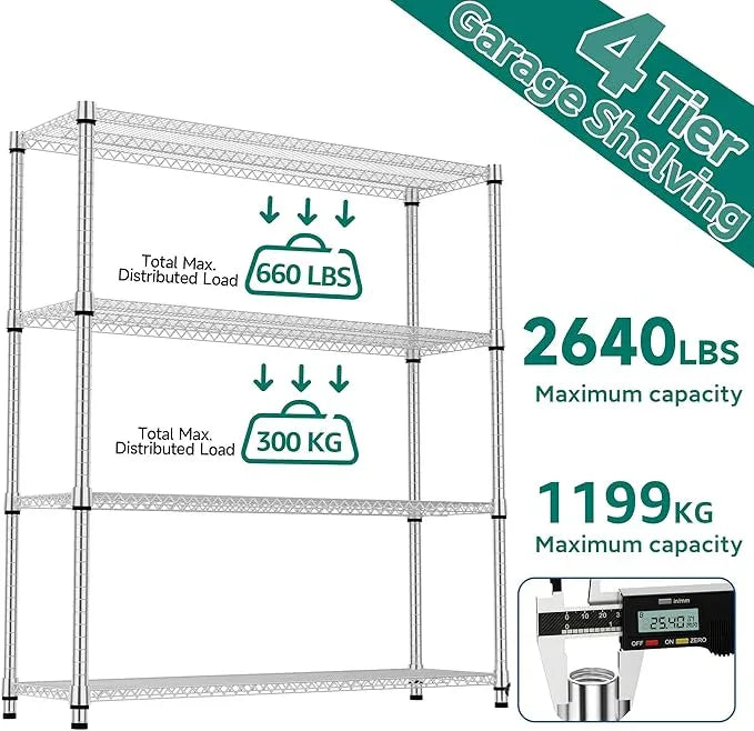 4 Tiers Shelf 2640 lbs Steel Storage Shelving Utility Shelving Unit Steel Organizer Wire Rack for Home,Kitchen,Office,Garage Chrome 17.7" D x 47.2" W x 70.3" H - ModernBath