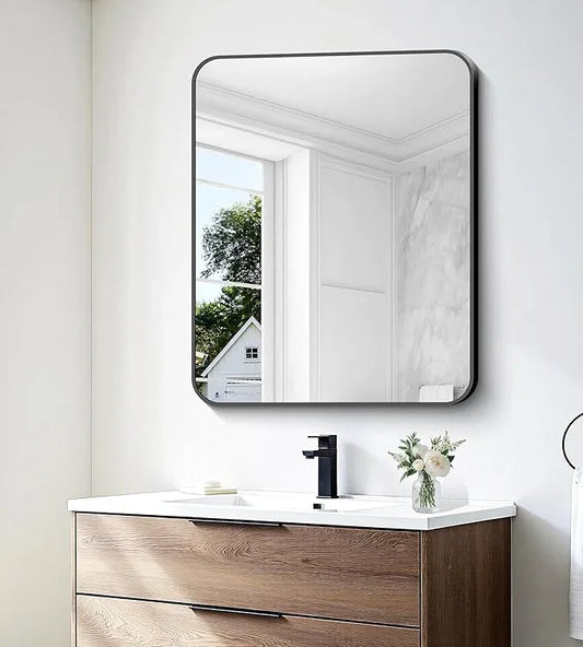 BONEWEI 30x36 inch Bathroom Mirror,Black Rectangle Mirror,Wall Mounted Bathroom Frame Vanity Mirror with Round Corner for Bedroom Living Room, Entryway Hangs Horizontal or Vertical - ModernBath