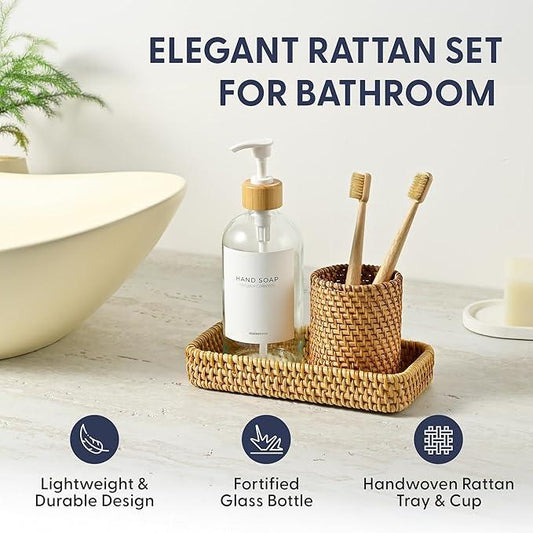 MaisoNovo Rattan Bathroom Set - Clear Countertop Dispenser, Toothbrush Holder & Toothpaste Cup with Tray - Set of 3 - Rattan Bathroom Vanity Trays Rectangle for Storage - ModernBath