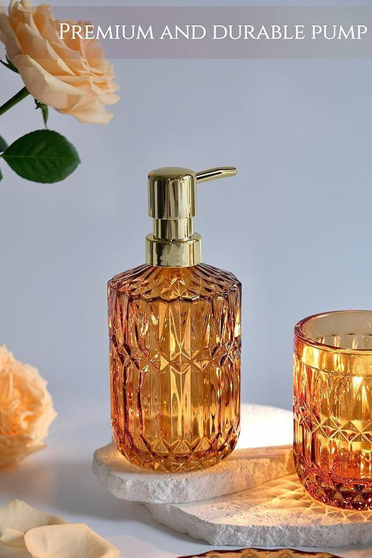 LaMarriti Amber Bathroom Accessories Set, 5Pcs Clear Glass Bathroom Sets, Hand Soap Dispenser, Soap Dish, Toothbrush Holder Set, Qtips Holder for Crystal Vintage Bath Decor, Set - ModernBath