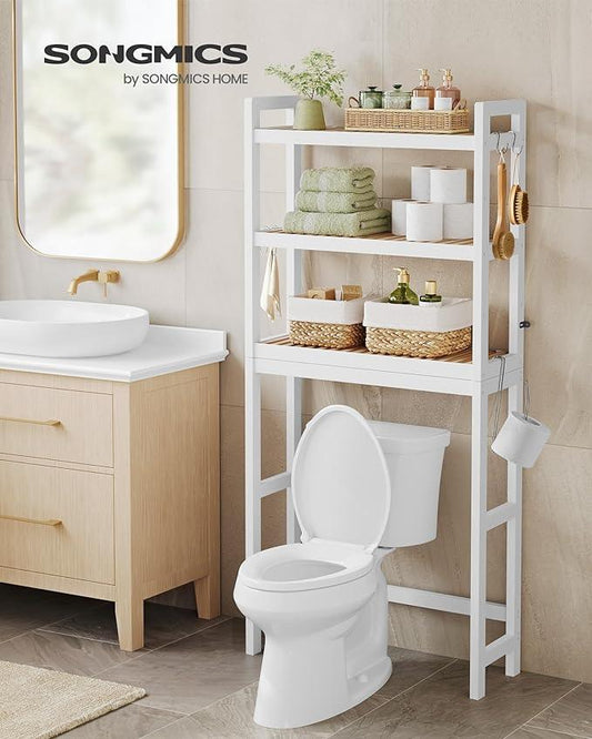 SONGMICS Over The Toilet Storage, 3-Tier Over Toilet Bathroom Organizer with Adjustable Shelf, 10.2 x 24.8 x 66.9 Inches, Space-Saving, Cloud White and Natural Beige UBTS001W02 - ModernBath