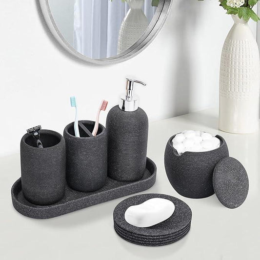 Resin Bathroom Accessory Set - 6PCS Bathroom Accessories Set, Bath Vanity Countertop Accessories with Soap Dish, Lotion Dispenser, Toothbrush Holder, Toothbrush Cup, Vantiy Tray, Qtip Holder (Black) - ModernBath