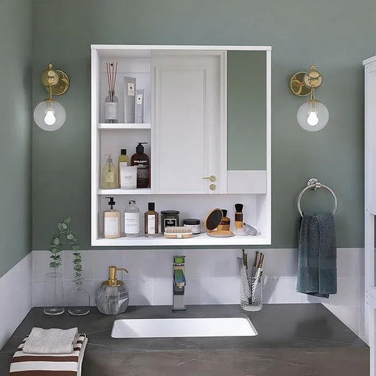 SMIBUY Bathroom Mirror Cabinet Wall Mounted, Bamboo Space Saver Medicine Cabinet, Wall Hanging Over Toilet Storage Cabinet with Mirror Door and Adjustable Shelf (White) - ModernBath