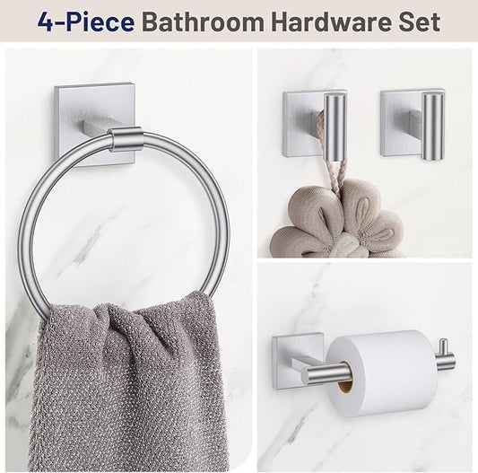 Towel Ring Set 4 Piece Bathroom Hardware Set Includes Towel Ring 2 Towel Hooks and Toilet Paper Holder Stainless Steel Wall Mounted (Brushed Nickel)