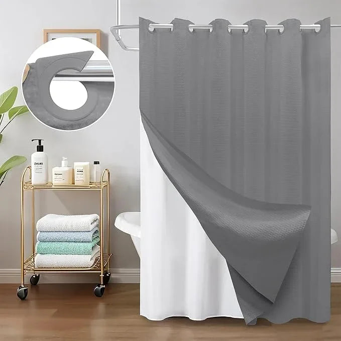 Inhousolu No Hook Waffle Weave Shower Curtain with Removable Snap in Fabric Liner Set for Bathroom, 230 GSM Heavy Duty Weighted Hem, Water Repellent Washable Bath Curtains, 72 x 72 Inch, Grey - ModernBath