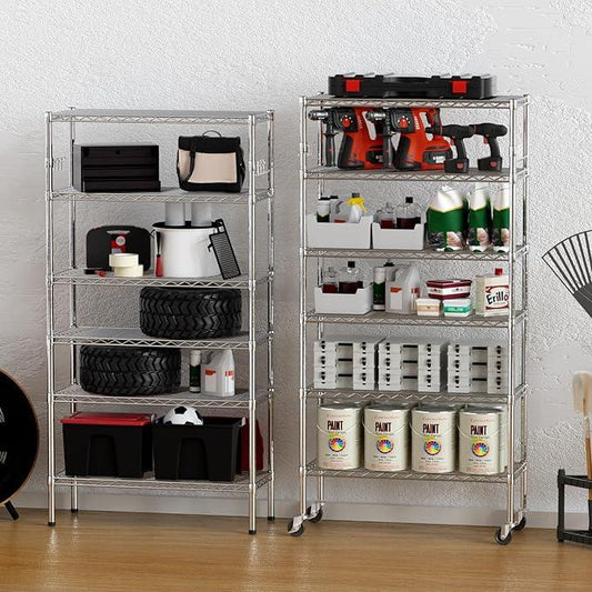 YNN Storage Shelves,6000Lbs 6 Tier Heavy Duty Metal Rolling Shelving Unit with Wheels & 8 Hooks, Adjustable Garage Wire Rack for Kitchen, Bathroom,Industrial,Pantry(36" W x 14" D x 72" H, Chrome) - ModernBath
