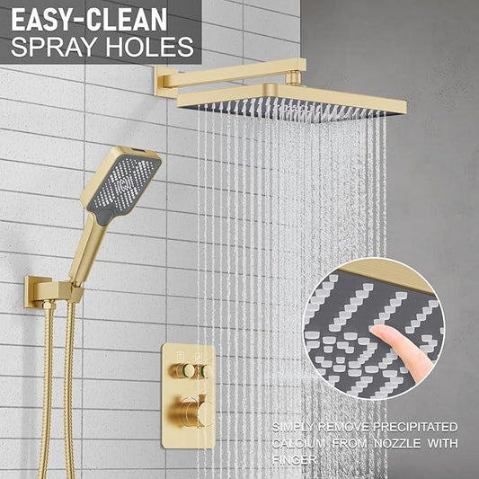 Thermostatic Shower System 13-Inch Rainfall Shower Head - 3 Setting Handheld Sprayer, Complete Bathroom Set with Faucet Mixer Trim Kit & Valve Brushed Gold - ModernBath