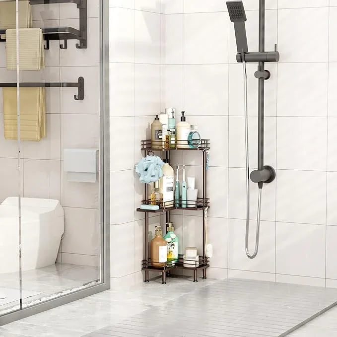 HapiRm Corner Shower Caddy Standing - 3 Tier Shower Organizer Corner with Soap Holder, Rustproof Bathroom Standing Organizer with 4 Hooks, Bronze - ModernBath