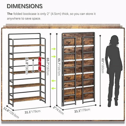 4NM No Assembly Extra Wide 5 Tiers Folding Bookshelf Storage Shelves Vintage Bookcase Standing Racks Study Organizer Home Office (Rustic Brown Black) - ModernBath