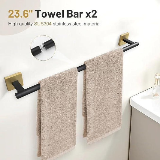 10 Pieces Black Gold Towel Bar Set, 23.6 Inch Bathroom Accessories Set SUS304 Stainless Steel Bathroom Hardware Set Towel Racks for Bathroom Wall Mounted. - ModernBath