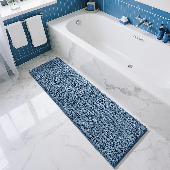 Yimobra Bathroom Runner Rug 60x24 Inch - Extra Long Non Slip Chenille Bath Mat, Soft & Absorbent, Machine Washable Shaggy Hallway Carpet for Vanity Tub Shower, Denim Blue Home Decor Accessories - ModernBath