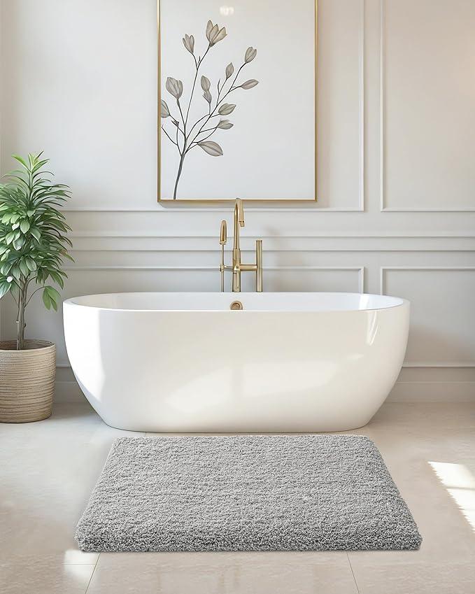 ILANGO Grey Bathroom Rugs 24" × 17" Small Non Slip & Super Absorbent Extra Thick Soft, Washable Bath Mat for Floor, Microfiber Plush Shaggy Bath Rug with Rubber for Bathtub Shower Room Sink - ModernBath