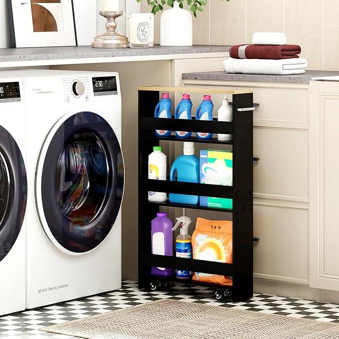 Small Kitchen Cart, 4-Tier Slim Rolling Island w/Handle, Laundry Room Storage Organizers Between Washer and Dryer, Narrow Spice Rack on Wheels Next to Fridge (Black, 5'') - ModernBath