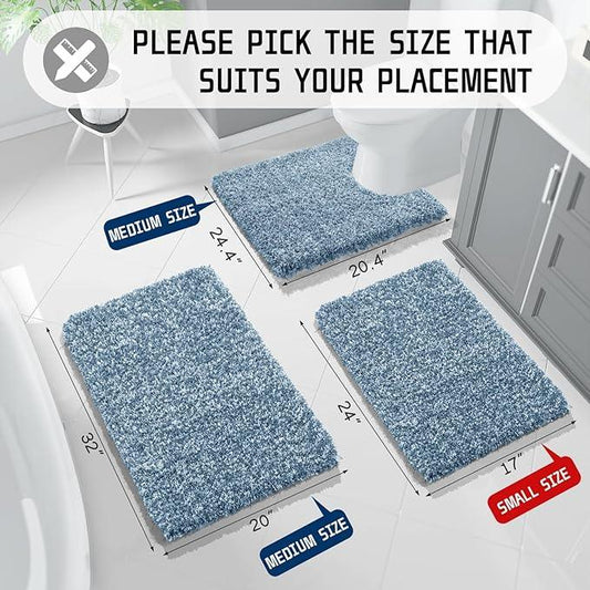 Yimobra Bathroom Rugs Sets 2 Piece, Soft Absorbent Bath Mat and U-Shaped Toilet Rug with Non Slip Backing, Machine Washable, Plush Shaggy Bath Mats for Bathroom, 32"x20"+24"x20", Denim Blue and White - ModernBath