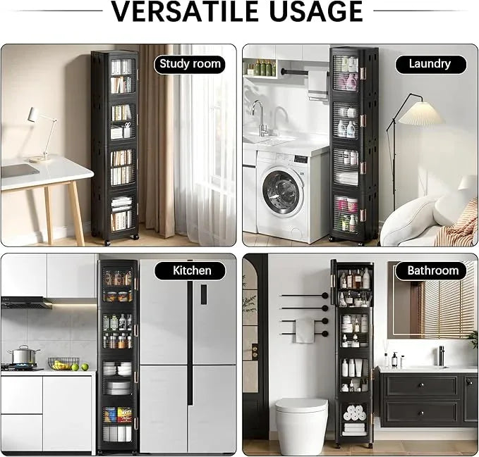 VECELO 4-Tier Tall Narrow Storage Cabinet with Movable Wheels, Adjustable Shelves, Anti-Tip, Slim, for Small Space, Bathroom, Kitchen, Laundry, Black - ModernBath