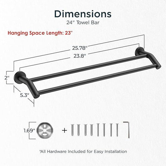FORIOUS Double Towel Bar 24 Inch, Heavy Duty SUS304 Stainless Steel Dual Towel Racks for Bathroom Wall Mount, Space Saving Towel Rod Towel Holder Rail, Matte Black - ModernBath