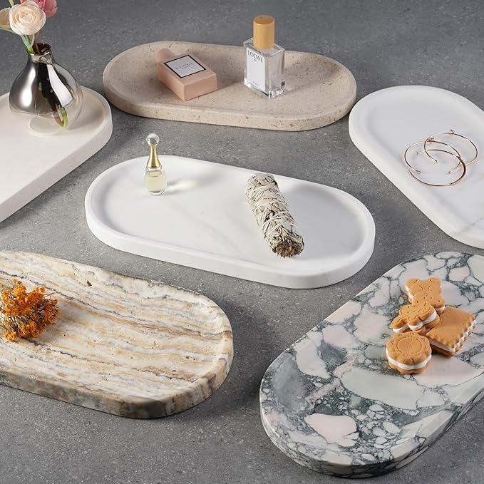 Koville Creamy White Marble Tray for Bathroom, 12"x6" Natural Luxury Marble Vanity Tray for Home Decor Countertop, Stone Oval Trays for Perfume & Jewelry Organizer, Stone Storage Trays - ModernBath