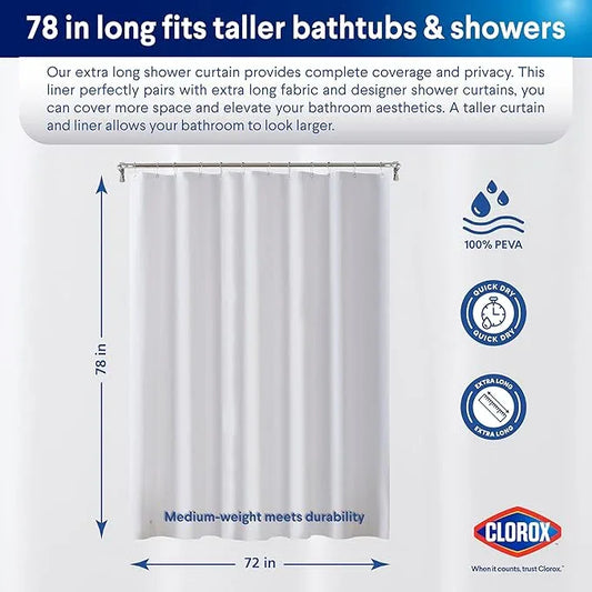 CLOROX Shower Curtain Liner, Premium Medium-Weight Durable Waterproof 6g PEVA for Bathroom with Weighted Magnets, Extra Long 72" x 78", Frosty 1 Pack - ModernBath