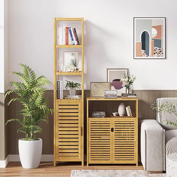 VIAGDO Storage Tall Slim Cabinet with Shutter Door and 3 Tier Shelves, Freestanding Linen Tower Cabinet for Living Room, Kitchen, Bathroom Organizer, Natural Bamboo - ModernBath